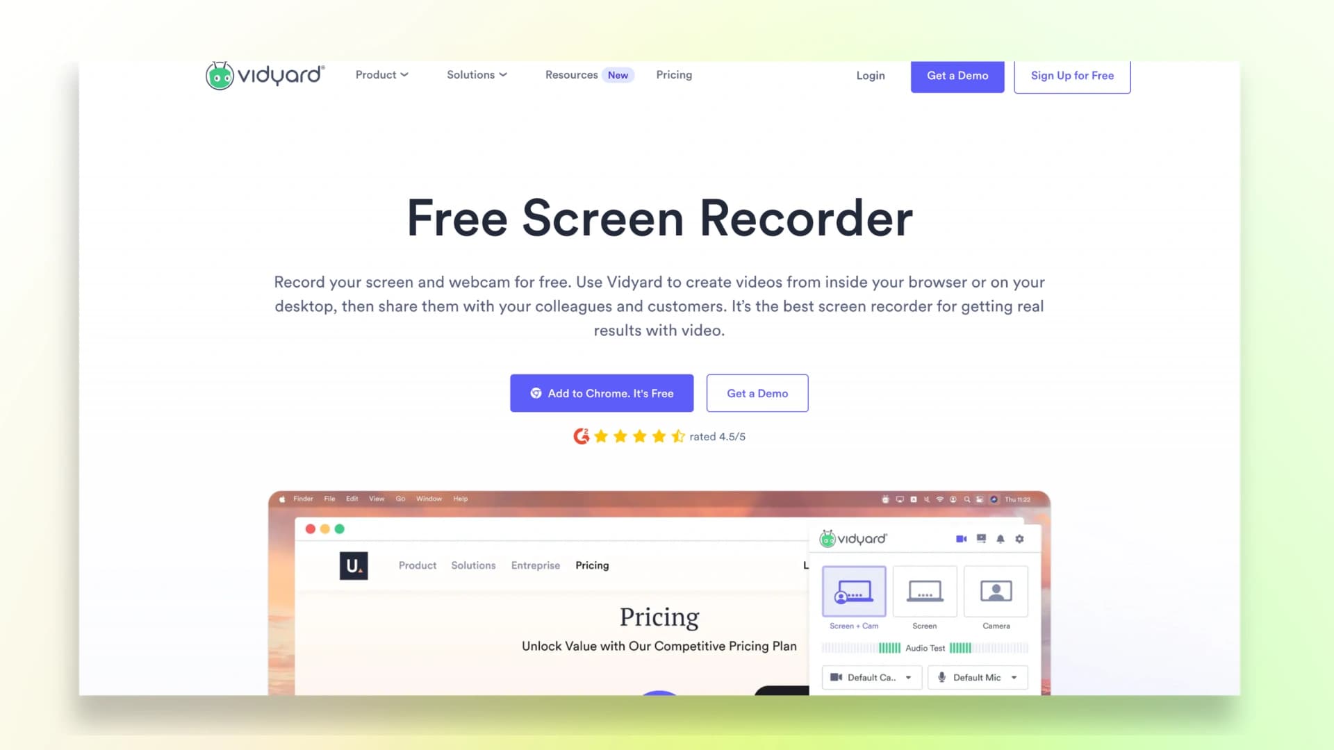 Vidyard Chrome extension for recording product demo