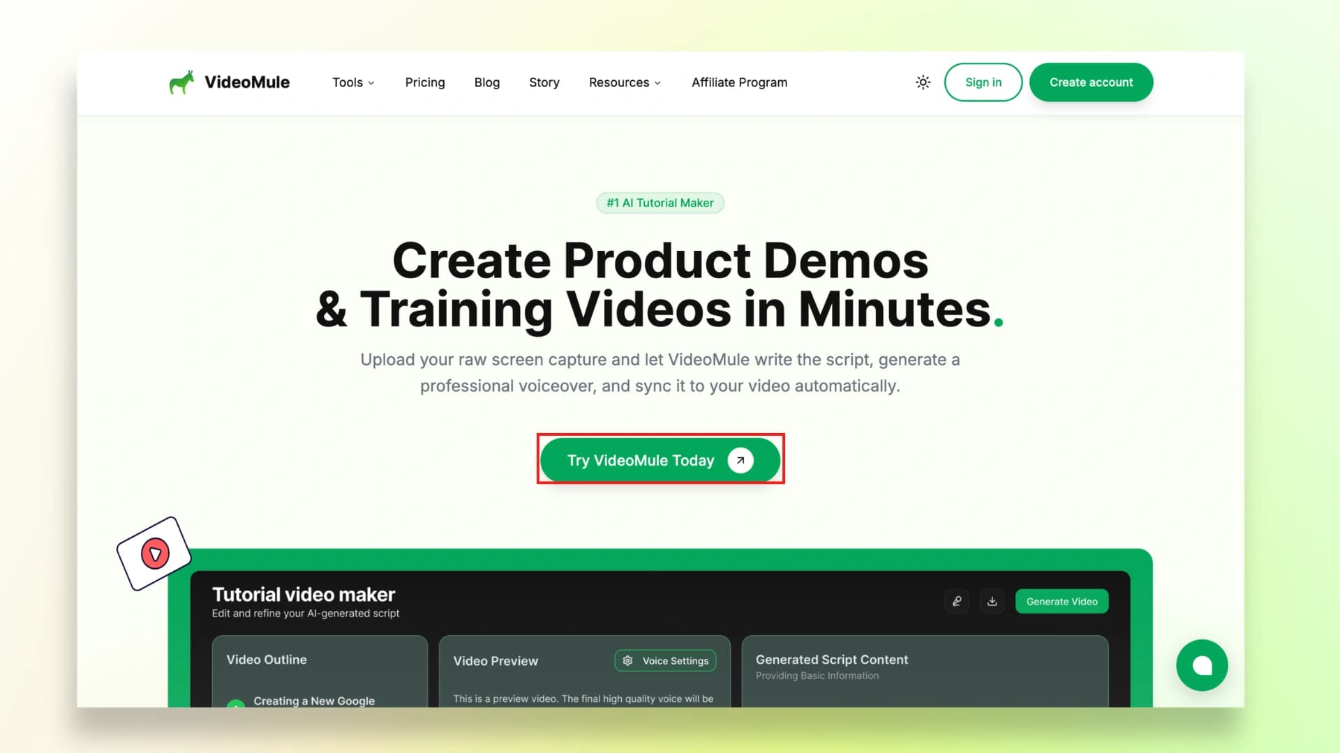 VideoMule homepage with Try VideoMule Today button