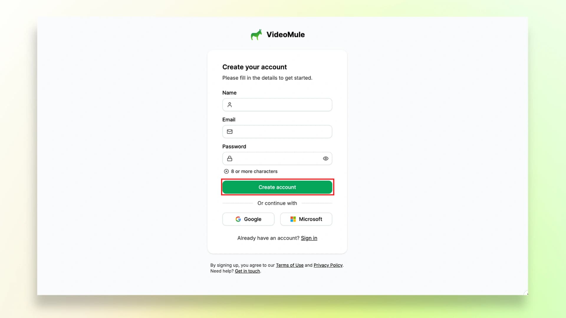 VideoMule sign up page