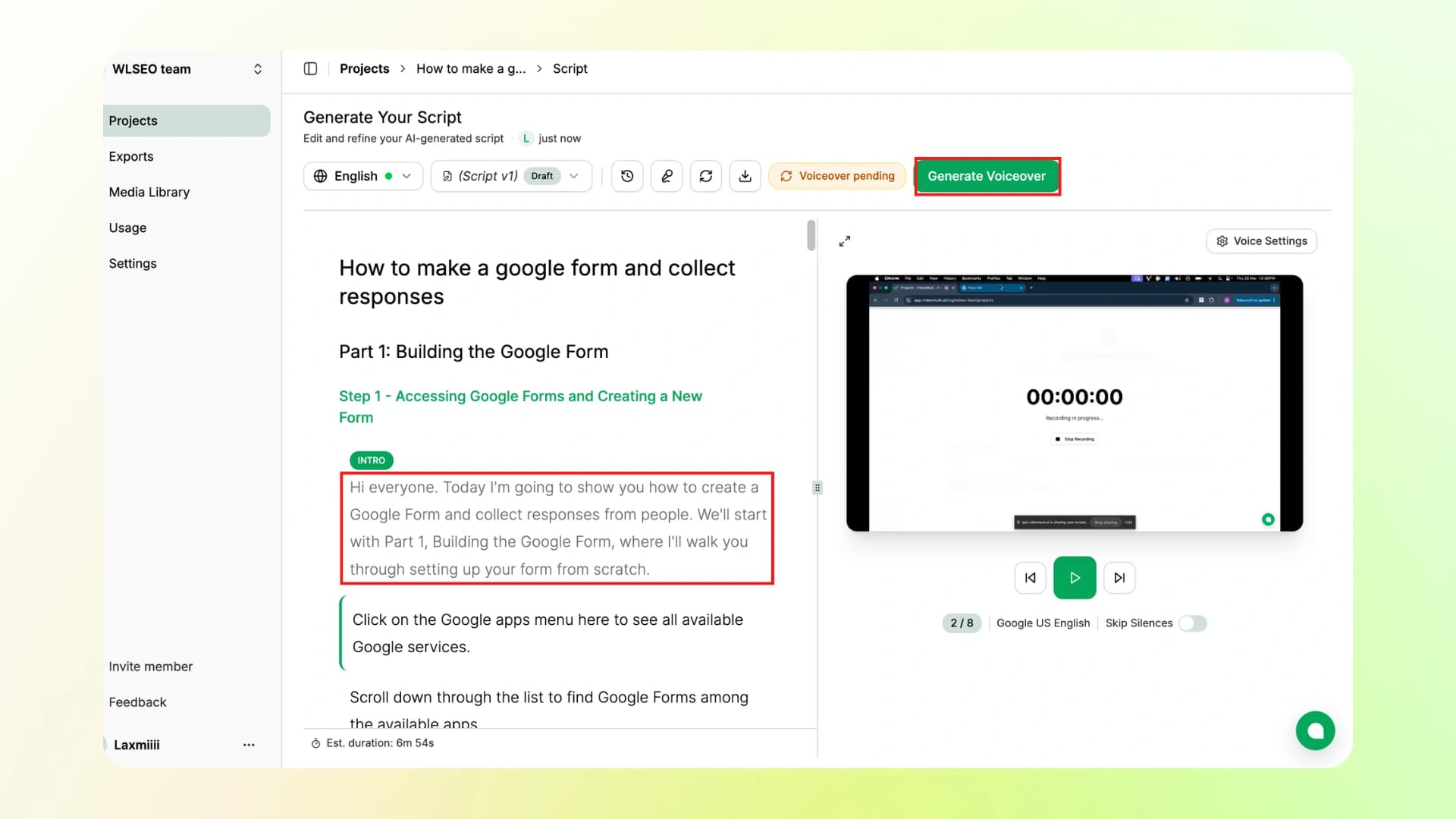 VideoMule script editor with Generate Voiceover button