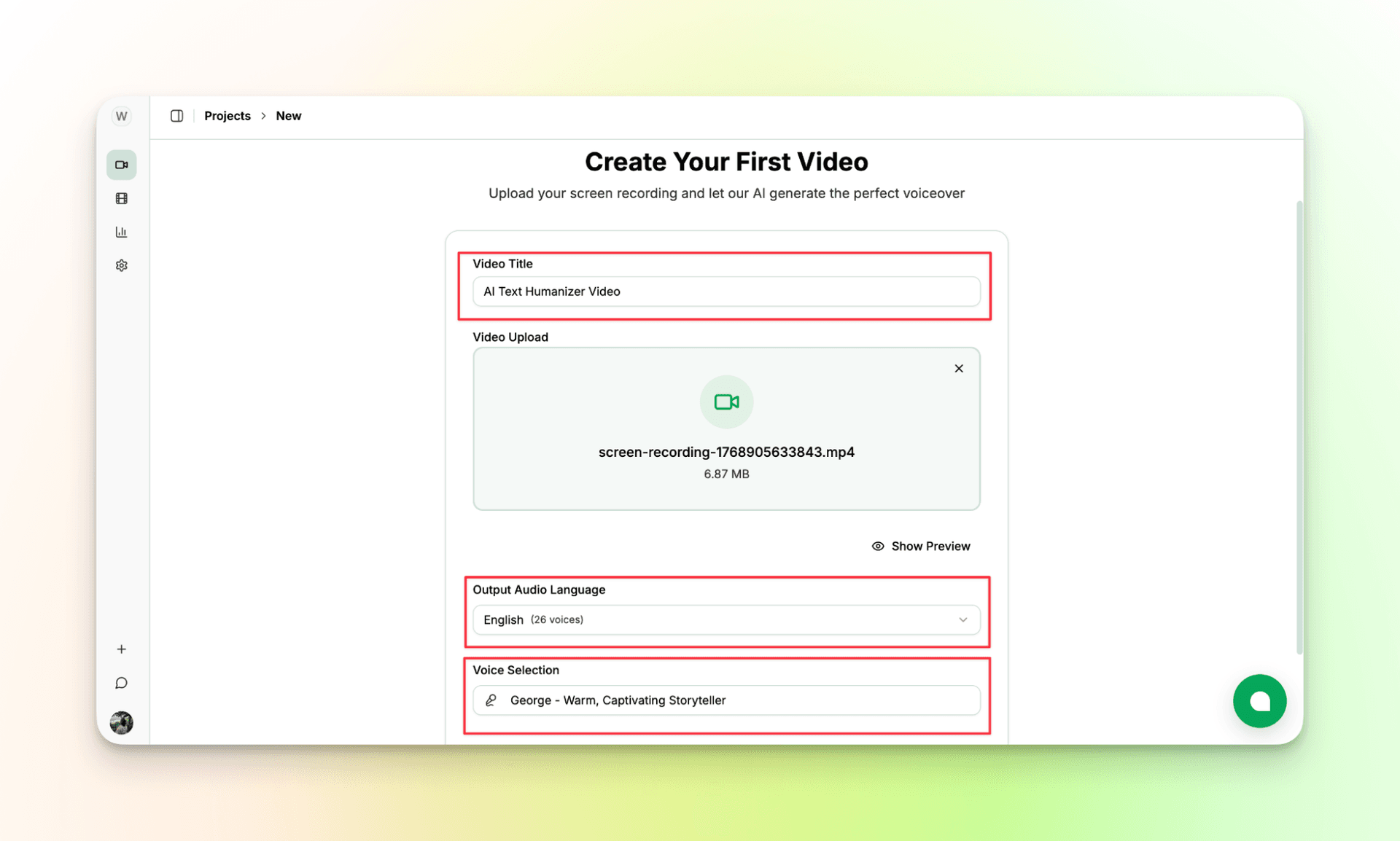 Name the video and choose language and voice