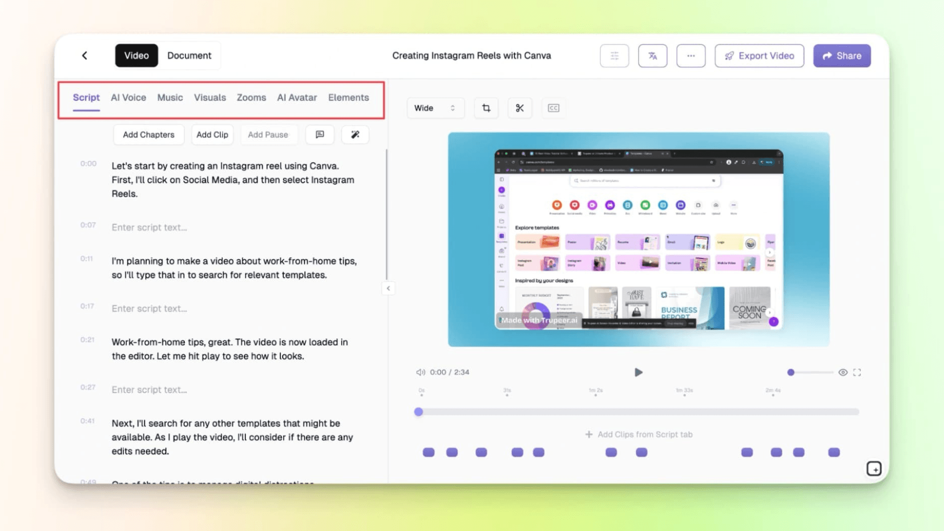 Trupeer step 4 — edit the script and choose an AI voice