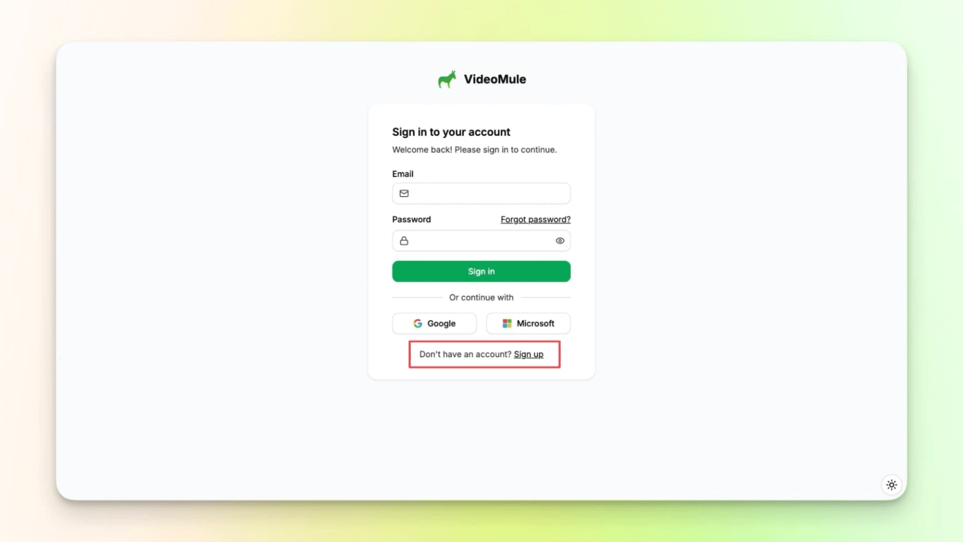 VideoMule step 2 — create an account or sign in