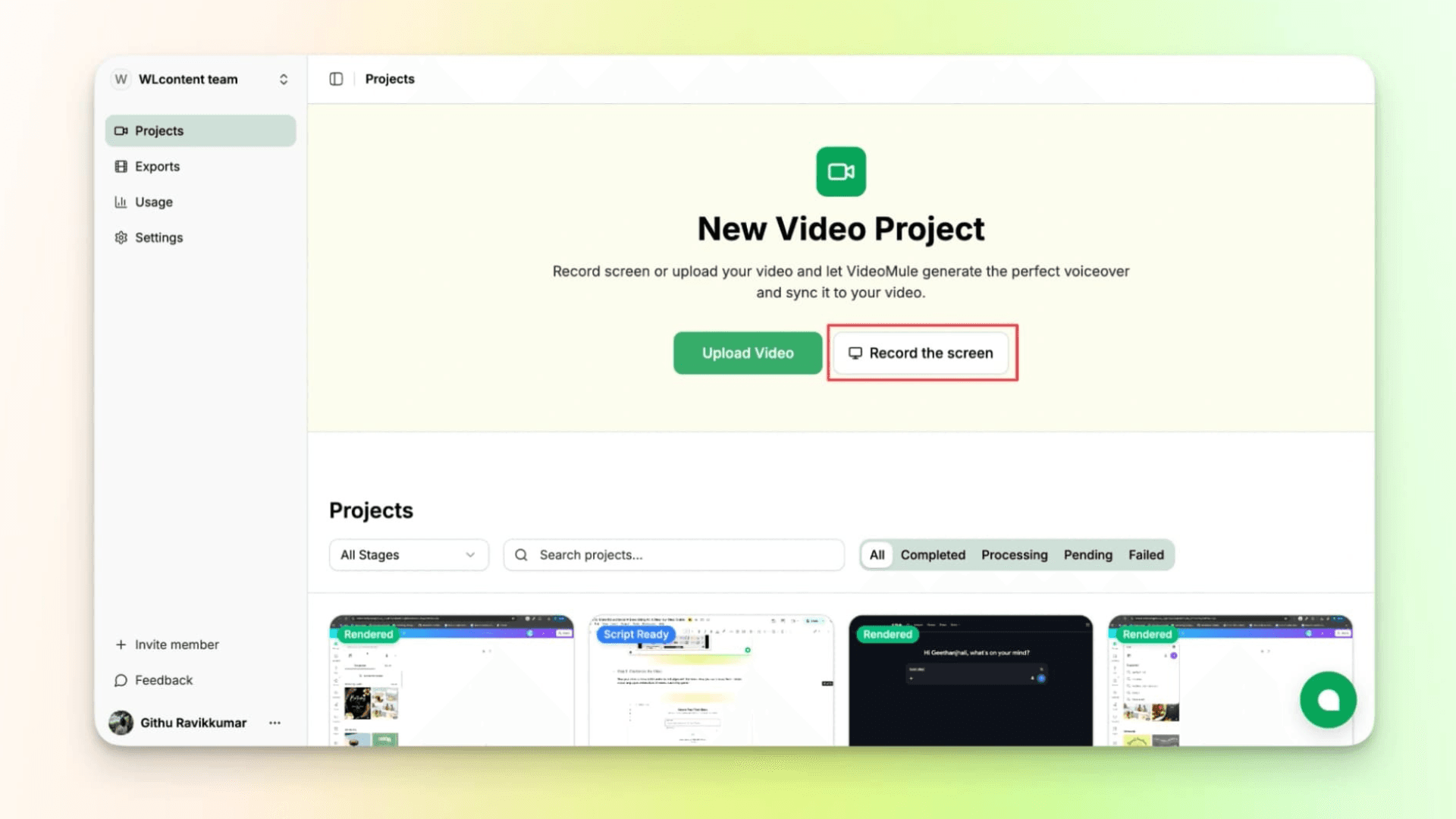 VideoMule step 3 — record or upload a screen recording