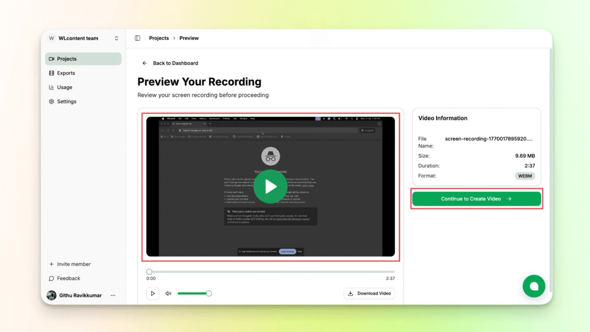 VideoMule step 4 — preview the recording