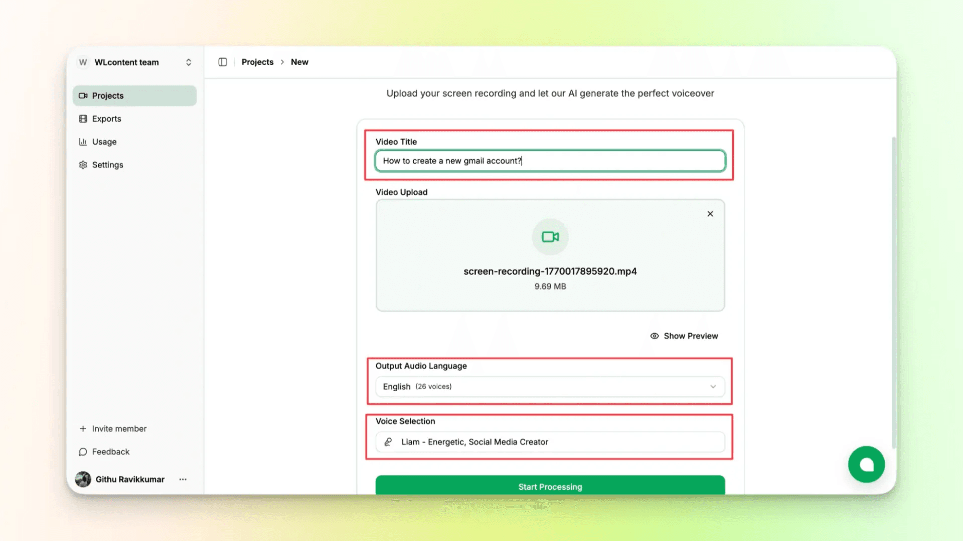 VideoMule step 5 — choose the language and AI voice