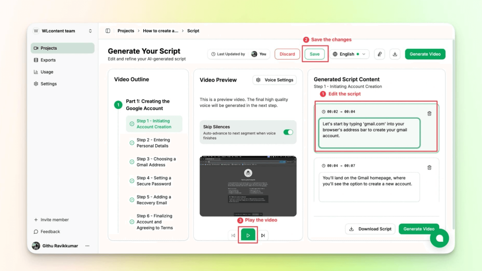 VideoMule step 7 — review or edit the script