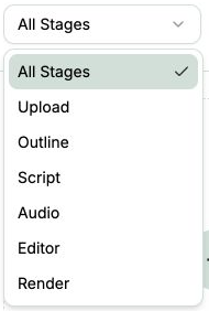 Projects stage menu listing Upload, Outline, Script, Audio, Editor and Render